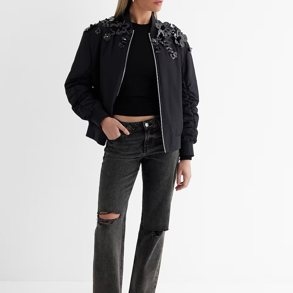NWT Express Floral Embellished Bomber Jacket Ruched Sleeves Size XS Black